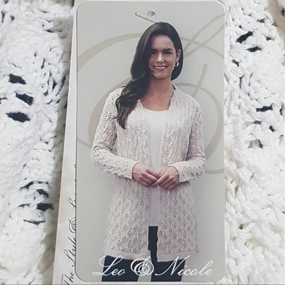 Leo & Nicole Ladies Pointelle Knit Cardigan Ivory Open Front Medium